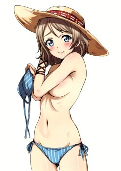 1girl absurdres bikini blue_bikini blue_eyes blush breasts cameltoe covering_breasts covering_privates cowboy_shot female_focus hat highres large_breasts light_brown_hair looking_at_viewer love_live! love_live!_sunshine!! navel ribs sankuro_(agoitei) scan short_hair side-tie_bikini_bottom simple_background smile solo stomach striped_bikini striped_clothes sun_hat swimsuit topless_female underboob unworn_bikini_top vertical-striped_bikini vertical-striped_clothes watanabe_you white_background rating:Questionable score:46 user:danbooru