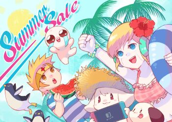  1001_spikes 2boys 2girls :d :p adventurer_(dungreed) android aqua_male_swimwear aqua_one-piece_swimsuit artist_request baby_animal bald beagle bikini bird black_fur blonde_hair blue_eyes blue_sky bracelet brown_hair clenched_hand closed_mouth colored_skin commentary controller crying curly_brace day dog doukutsu_monogatari dungreed dutch_angle english_commentary english_text floppy_ears flower food frilled_bikini frills fruit furry furry_female game_controller hair_flower hair_ornament handheld_game_console hat headband hibiscus highres holding holding_controller holding_food holding_fruit holding_game_controller holding_handheld_game_console holding_swim_ring holding_watermelon innertube isaac_(the_binding_of_isaac) jenka's_puppies jewelry joints male_swimwear metal_skin midair midriff mimiga multiple_boys multiple_girls navel nintendo nintendo_switch official_art one-piece_swimsuit open_mouth outdoors palm_tree penguin pink_bikini plaid_bikini plaid_clothes print_headband promotional_art puppy red_flower robot_ears robot_joints sale second-party_source shuriken_print skirt sky smile straw_hat streaming_tears striped_clothes striped_male_swimwear striped_one-piece_swimsuit striped_sleeves summer sun swim_ring swimsuit tears teeth the_binding_of_isaac tongue tongue_out toroko tree two-tone_male_swimwear two-tone_sleeves upper_body upper_teeth_only upturned_eyes watermelon watermelon_slice white_dog white_fur white_male_swimwear white_one-piece_swimsuit white_skin white_skirt yellow_eyes yellow_hat yellow_headband 