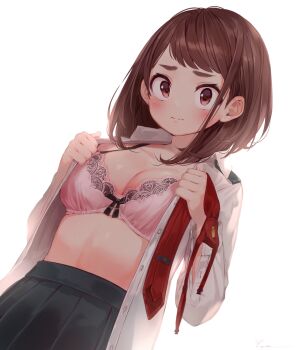 10s 1girl black_bow black_ribbon black_skirt blush boku_no_hero_academia bow bow_bra bra breasts brown_eyes brown_hair buckle buttons closed_mouth collarbone collared_shirt dress_shirt dutch_angle female_focus hands_up highres lace lace-trimmed_bra lace_trim long_sleeves looking_at_viewer medium_breasts medium_hair necktie open_clothes open_shirt pink_bra pleated_skirt red_necktie ribbon ryota_(ry_o_ta) school_uniform shade shirt sidelocks signature simple_background skirt solo standing swept_bangs u.a._school_uniform unbuttoned underwear unworn_necktie uraraka_ochako white_background wing_collar rating:Sensitive score:104 user:danbooru