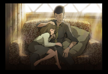  1boy 1girl arsene_lupin_iii black_hair black_shirt brown_hair castle_of_cagliostro cigarette clarisse_de_cagliostro closed_eyes collared_shirt couch grey_skirt hand_on_another's_head head_on_chest kuzu light_smile long_hair long_sleeves lupin_iii necktie on_couch pillow shirt sideburns sidelocks sitting sitting_on_lap sitting_on_person skirt smoking watch white_shirt wing_collar wristwatch yellow_necktie 