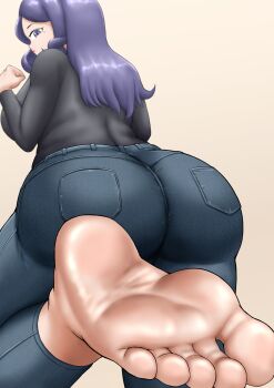  1girl absurdres ass barefoot breasts denim feet highres jeans large_breasts long_hair looking_at_viewer looking_back mole mole_under_eye original pants purple_eyes purple_hair soles toes yamamoto 