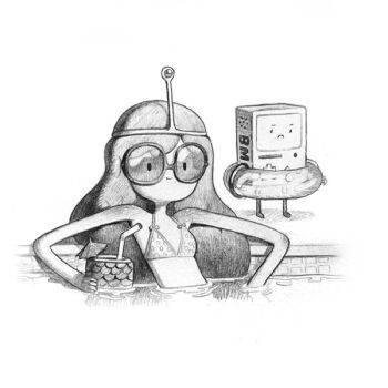  1girl 1other adventure_time bikini bmo crown frown greyscale joy_ang long_hair monochrome partially_submerged pool poolside princess_bonnibel_bubblegum sketch smile standing sunglasses swimsuit toon_(style) traditional_media water 