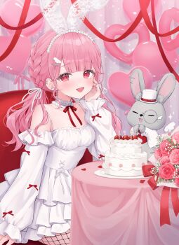  1girl amatsuka_eru animal_ear_hairband animal_ears artist_request balloon bouquet braid cake choker dress ear_piercing fake_animal_ears fishnets flower food frilled_choker frilled_sleeves frills hair_ornament hair_ribbon hairband hairclip heart_balloon highres indie_virtual_youtuber long_sleeves looking_at_viewer low_twintails off-shoulder_dress off_shoulder piercing pink_hair rabbit_ear_hairband rabbit_ears red_eyes red_ribbon ribbon rose second-party_source sitting smile solo table twintails virtual_youtuber white_dress 