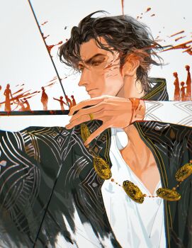  1boy absurdres bags_under_eyes baicumikuo black_hair black_jacket blood blood_on_face blood_on_hands blood_splatter bow_(weapon) chinese_commentary closed_mouth collarbone commentary_request concentrating curtained_hair cuts drawing_bow furrowed_brow gold_necklace green_eyes high_collar highres holding holding_bow_(weapon) holding_weapon injury jacket jewelry long_sleeves looking_to_the_side male_focus nawfal_(sultan's_game) necklace open_clothes open_jacket parted_bangs patterned_clothing profile ring shirt short_hair silhouette solo sultan's_game upper_body v-neck weapon white_background white_shirt 