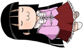  1girl :3 bad_source black_hair bow bowtie chibi chibi_only closed_eyes closed_mouth commentary_request houraisan_kaguya long_hair long_skirt long_sleeves lowres lying maso_(ascii_art) no_nose on_back pink_shirt red_skirt shirt simple_background skirt socks solo teruyof touhou u_u very_long_hair white_background white_bow white_bowtie white_socks wide_sleeves 