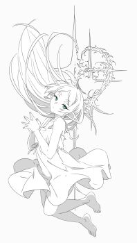  absurdres cyber_sigilism dress dynamic_pose earrings elf floating floating_earrings floating_hair frieren greyscale highres jewelry long_hair monochrome nekoromancer own_hands_together parted_bangs pointy_ears self-upload short_eyebrows teardrop_earrings white_background white_dress white_hair 