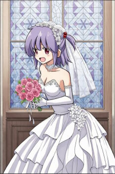  1girl bare_shoulders blush bouquet breasts bridal_veil bride choker church cleavage collarbone colorized dress elbow_gloves flower gloves hata_kenjirou hayate_no_gotoku! highres holding holding_bouquet indoors long_skirt medium_breasts medium_hair off-shoulder_dress off_shoulder open_mouth purple_hair segawa_izumi skirt smile solo third-party_edit twintails two_side_up veil wedding_dress white_dress 