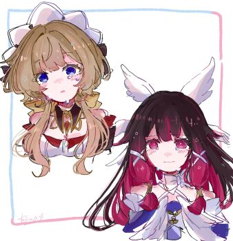  2girls bare_shoulders black_collar black_hair blue_eyes blush bow bow_choker breasts brown_hair choker cleavage collar columbina_(genshin_impact) commentary_request detached_collar dress gem genshin_impact hair_bow head_wings highres long_hair lua070809 multicolored_hair multiple_girls multiple_wings purple_eyes purple_hair purple_streaks red_gem sandrone_(genshin_impact) short_hair_with_long_locks streaked_hair tearing_up tears two-tone_hair upper_body white_background white_bow white_choker white_dress white_headdress white_wings wings 