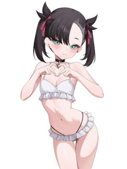  1girl absurdres asymmetrical_bangs bikini bikini_skirt black_choker black_hair blush breasts choker cleavage closed_mouth cowboy_shot earrings green_eyes heart heart_hands highres jewelry marnie_(pokemon) navel nintendo pokemon pokemon_swsh ribbon simple_background small_breasts smile solo stomach stud_earrings swimsuit thigh_gap twintails undercut white_background white_bikini zhanderlul 