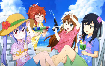  4girls absurdres black_hair blush brown_eyes brown_hair chair closed_eyes detexted facing_another flower food hair_flower hair_ornament highres ice_cream ice_cream_cone ichijou_hotaru koshigaya_komari koshigaya_natsumi long_hair looking_at_another looking_at_viewer magazine_request magazine_scan medium_hair miyauchi_renge mizusaki_kenta multiple_girls non_non_biyori one_eye_closed open_mouth parted_lips purple_hair red_eyes scan short_hair sitting smile teeth third-party_edit translation_request triangle_mouth twintails water_gun  rating:General score:13 user:MoveToEx