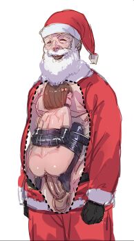  1boy 1girl :d age_difference arms_behind_back ass bdsm belly_riding black_gloves black_thighhighs bondage bound bound_together bow bow_(bhp) brown_hair christmas closed_eyes facial_hair facing_viewer meat_armor gag gloves hair_bow hat hetero loli medium_hair nude open_mouth parody penis pink_bow santa_claus santa_costume santa_hat sex simple_background size_difference smile standing standing_sex stealth_sex thighhighs third-party_edit ugly_bastard white_background  rating:Explicit score:424 user:ChangesBowie