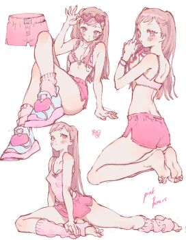 1girl adjusting_eyewear ass back bare_shoulders blush bomhat bra breasts brushing_hair crossed_legs english_text fingernails from_behind from_side heart heart-shaped_eyewear highres invisible_chair kneeling leg_warmers leotard long_hair long_legs multiple_views original pink-framed_eyewear pink_bra pink_eyes pink_leg_warmers pink_leotard pink_shorts pink_socks shoes shorts shoulder_blush sitting small_breasts sneakers socks soles solo stretching sunglasses toes twintails underwear rating:Sensitive score:24 user:danbooru