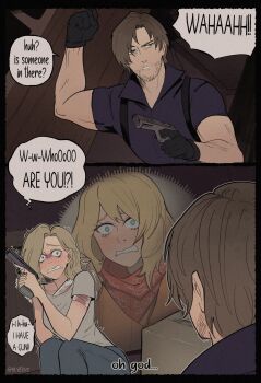  1boy 1girl absurdres alyerve ashley_graham bandages beard_stubble blood bloody_bandages blue_shirt brown_hair clenched_teeth collared_shirt denim english_text facial_hair grace_ashcroft gun handgun hashtag-only_commentary highres holding holding_gun holding_weapon jeans leon_s._kennedy open_mouth orange_skirt pants red_scarf resident_evil resident_evil_4 resident_evil_requiem scared scarf shirt short_hair skirt stubble teeth trembling weapon white_shirt 