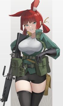 1girl absurdres ammunition_pouch animal_ear_fluff animal_ears bag battle_rifle black_shorts black_thighhighs blue_eyes breasts brown_bag brown_vest chest_rig commentary commentary_request cowboy_shot english_commentary explosive fn_fal fragmentation_grenade grenade grenade_pin grey_jacket grin gun hair_tie hand_grenade highres jacket klottinen large_breasts looking_at_viewer medium_hair open_clothes open_jacket original pouch prosthesis prosthetic_arm rabbit_ears rabbit_girl red_hair rg-42 ribbon rifle satchel shirt shorts sidelocks one_ear_down skindentation smile solo tactical_clothes thighhighs thighs twintails vest weapon white_shirt yellow_ribbon zettai_ryouiki
