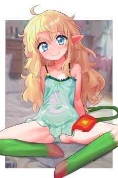  1girl absurdres blonde_hair blue_eyes commentary_request futaba_channel highres horns kirin_(nijiura_maids) large_variant_set long_hair nijiura_maids pointy_ears single_horn sitting smile solo spread_legs tail tsukiyono_aroe variant_set 