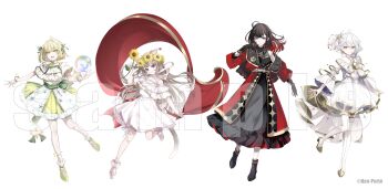  +_+ 4girls :d absurdres ahoge alternate_costume animal_ear_piercing animal_ears ankle_boots ankle_garter anklet arms_at_sides back_bow bare_shoulders bell_sleeves belt black_boots black_dress black_gloves black_hair blonde_hair blunt_bangs boots bow bubble cat_ears cat_girl cat_tail center-flap_bangs chain chain_bracelet choker coat colored_inner_hair copyright_notice crescent crescent_earrings crescent_pin dress earrings flower flower_wreath frilled_dress frilled_sailor_collar frilled_sleeves frills full_body fur-trimmed_dress fur_anklet fur_trim gloves gold_shoes gold_trim green_bow green_choker green_eyes green_ribbon grey_belt grey_hair hair_between_eyes hair_ornament hair_ribbon halter_dress halterneck hand_to_own_mouth head_wreath high_heels highres hizuki_yui holding holding_cloth holding_flower jewelry lapels leg_ribbon lineup long_dress long_hair long_sleeves looking_at_viewer medium_dress mitsuba_eni mole mole_under_eye multicolored_hair multiple_girls multiple_rings neo-porte off-shoulder_dress off_shoulder official_art open_clothes open_coat open_mouth pleated_dress purple_eyes rainbow_hair red_coat red_eyes red_hair ribbon ribbon_choker ring sailor_collar sample_watermark see-through_cleavage see-through_clothes shirona_shizuku shoes short_dress short_hair simple_background single_earring single_sidelock sleeveless sleeveless_dress smile sparkle_print standing standing_on_one_leg star_(symbol) star_print stellated_octahedron sundress sunflower sweater_guard tail thigh_ribbon thighhighs train_(clothing) two-tone_dress virtual_youtuber watermark white_background white_dress white_hair white_ribbon white_sailor_collar white_thighhighs yellow_dress yellow_eyes yellow_flower yellow_shoes yonemuro yozuna_niu 