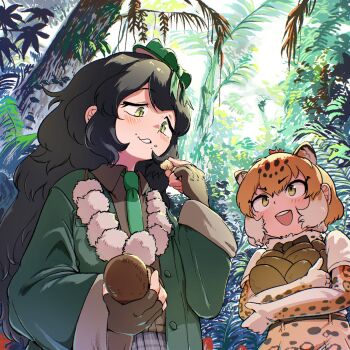 2girls animal_ears animal_print black_hair blonde_hair blush bow brown_gloves brown_shirt collared_shirt eating elbow_gloves extra_ears fascinator fingerless_gloves fur_collar gloves green_bow green_eyes green_jacket green_necktie grey_skirt hair_between_eyes hat hat_bow high-waist_skirt highres jacket jaguar_(kemono_friends) jaguar_ears jaguar_girl jungle kemono_friends leopard_print long_hair long_sleeves mcgunngu multicolored_hair multiple_girls nature necktie open_mouth plaid_clothes plaid_skirt pleated_skirt print_gloves print_skirt sagojo_(kemono_friends) shirt short_hair sidelocks skirt white_fur white_gloves white_hair yellow_eyes yellow_gloves yellow_skirt 