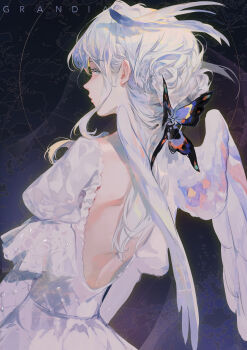  1girl absurdres angel_wings artist_name backless_dress backless_outfit butterfly_hair_ornament commentary_request dress dutch_angle grandia_lee hair_ornament highres juliet_sleeves long_hair long_sleeves original profile puffy_sleeves sidelocks sideways_glance solo upper_body white_dress white_hair white_wings wings 