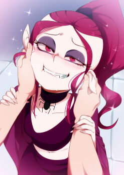  1boy 1girl biting_own_lip blush breasts choker collarbone cowboy_shot cropped_shirt excited eyelashes eyeshadow fangs fingernails from_above gothetta_gothetticus gruftine half-closed_eyes hands_on_another's_face hetero highres jcm2 loli long_fingernails long_hair looking_at_viewer looking_up makeup matching_hair/eyes pale_skin ponytail pov pov_hands purple_choker purple_eyes purple_eyeshadow purple_hair purple_shirt purple_skirt school_for_vampires shirt side_shave skirt small_breasts solo_focus standing teeth vampire 