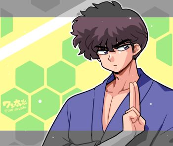 1boy blue_eyes breasts brown_hair cleavage closed_mouth collarbone dougi honeycomb_(pattern) honeycomb_background kunou_tatewaki male_focus ranma_1/2 solo tagme v-shaped_eyebrows wanta_(futoshi)