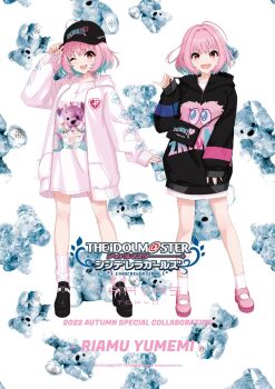  ahoge blue_hair english_text hair_intakes hat hood hoodie idolmaster idolmaster_cinderella_girls idolmaster_cinderella_girls_starlight_stage japanese_text multicolored_hair official_art one_eye_closed open_mouth pink_eyes pink_hair promotional_art stuffed_animal stuffed_toy teddy_bear travas_tokyo yumemi_riamu 