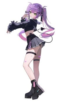  1girl bandaid bandaid_on_face bandaid_on_leg black_boots black_nails black_pantyhose black_serafuku black_skirt boots contrapposto crop_top demon_girl demon_tail fingernails full_body green_eyes holding holding_phone hololive kkato long_hair long_sleeves midriff multicolored_hair multicolored_nails open_mouth pantyhose phone piercing pink_hair platform_boots pleated_skirt purple_hair school_uniform serafuku sharp_fingernails simple_background skirt sleeves_past_wrists solo standing tail tail_ornament tail_piercing thigh_strap tokoyami_towa twintails two-tone_hair virtual_youtuber white_background 