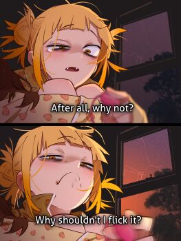  2girls 2koma blonde_hair blush boku_no_hero_academia broken_window brown_hair comic dildo double_bun english_text fangs hair_bun highres holding holding_sex_toy khyle. messy_hair multiple_girls parody scene_reference sex_toy short_hair subtitled the_lord_of_the_rings toga_himiko tolkien's_legendarium uraraka_ochako window  rating:Sensitive score:13 user:doopaboop
