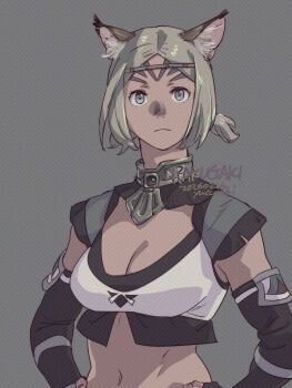 1girl adventurer_(ff11) animal_ears breasts cleavage expressionless final_fantasy final_fantasy_xi looking_at_viewer mithra_(ff11) tagme tattoo yuccoshi
