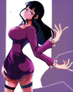  1girl black_hair blunt_bangs blush closed_mouth commentary dress extra_arms fishnet_thighhighs fishnets highres long_hair long_sleeves narrow_waist nico_robin omuomu_32 one_piece purple_dress short_dress sidelocks solo thighhighs 