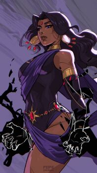  1girl alternate_design alternate_skin_color artist_name commentary covered_navel cowboy_shot dark-skinned_female dark_skin dc_comics earrings elbow_gloves english_commentary face_piercing floating_hair forehead_jewel gem gloves highres jewelry leotard long_hair looking_down nose_piercing nose_ring parted_bangs parted_lips pepedraws piercing purple_background purple_eyes purple_gloves purple_hair purple_leotard purple_sash purple_theme raven_(dc) red_gemstone sash solo teen_titans umbrakinesis 