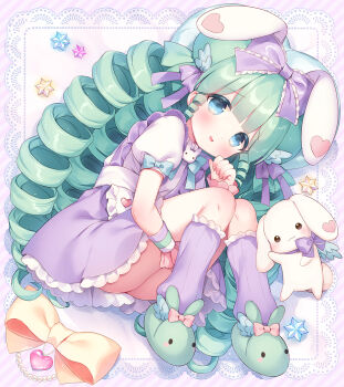  1girl :d animal animal_ears animal_slippers ass blue_bow blue_eyes blush bow bunny_slippers commission diagonal_stripes drill_hair frilled_skirt frills green_hair green_slippers hand_up heart highres kneehighs long_hair looking_at_viewer loose_socks lying miruku_(cutesu) on_side open_mouth original pixiv_commission puffy_short_sleeves puffy_sleeves purple_skirt purple_socks rabbit rabbit_ears shirt short_sleeves skirt slippers smile socks solo striped_background suspender_skirt suspenders usashiro_mani very_long_hair white_shirt wrist_cuffs  rating:Sensitive score:16 user:danbooru
