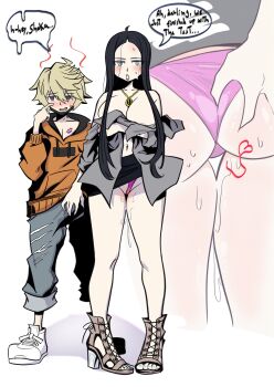  1boy 1girl aftersex ayano_(ntwewy) blonde_hair blush breasts clothes_lift covering_breasts covering_privates english_text grabbing_another's_ass groping hand_on_crotch hoodie kanade_rindo large_breasts lipstick_mark lipstick_mark_on_chest midriff nervous_smile open-toe_shoes open_mouth orange_hoodie panties pussy_juice shin_subarashiki_kono_sekai skirt skirt_lift smile spaghetto087 subarashiki_kono_sekai underwear 