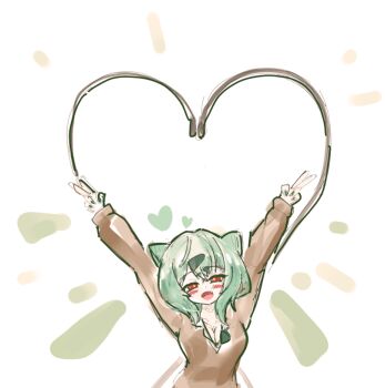  blush breasts brown_sweater bulbasaur cardigan cleavage commentary_request double_v gen_1_pokemon green_hair green_nails gyaru gyaru_bulbasaur_(shin_no_tenpii) hair_between_eyes heart korean_commentary large_breasts looking_at_viewer medium_hair nintendo personification plant pokemon pokemon_pokopia red_eyes sweater ttakji_craft v vine_whip vines white_background 