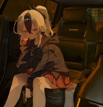  1girl absurdres black_hair black_hoodie blue_archive car car_interior closed_mouth commentary_request demon_girl demon_horns duckman_(user_agwh8823) gun hair_between_eyes hand_on_own_face handgun highres holding holding_gun holding_weapon hood hoodie horns kayoko_(blue_archive) long_hair looking_at_viewer motor_vehicle multicolored_hair ponytail red_eyes red_skirt sitting skirt solo trigger_discipline two-tone_hair weapon white_hair 