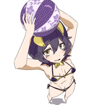  +_+ 1girl arms_up ball beachball bikini blush breasts curled_horns embarrassed female_focus from_above full_body hiiragi_utena holding holding_ball horns looking_at_viewer looking_up magia_baiser mahou_shoujo_ni_akogarete medium_hair multicolored_bikini navel nervous nervous_smile one_(pixiv92832278) petite purple_bikini purple_hair ribs side-tie_bikini_bottom simple_background small_breasts smile solo standing swimsuit two-tone_bikini upturned_eyes white_background yellow_bikini yellow_eyes yellow_horns  rating:Sensitive score:15 user:Only_Kemonomimi