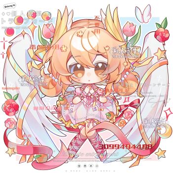  1girl :o angel_wings artist_name blue_background bow brown_eyes bug butterfly chibi chinese_text dress feathered_wings flower footwear_bow frilled_dress frills full_body hair_flower hair_ornament highres insect leg_ribbon looking_at_viewer low_twintails maguaxiaoxingqiu medium_hair orange_eyes orange_hair original parted_lips pink_bow pink_dress pink_flower pink_ribbon pink_sleeves puffy_short_sleeves puffy_sleeves red_flower ribbon sample_watermark short_dress short_sleeves solo sparkle star_(symbol) too_many_watermarks twintails watermark white_background white_wings wing_hair_ornament wings wrist_cuffs yellow_flower yellow_ribbon 