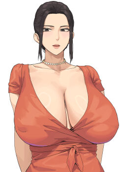  1girl absurdres arms_behind_back black_eyes black_hair breasts cleavage commentary_request covered_erect_nipples dress highres huge_breasts jewelry korean_commentary ksksksa looking_to_the_side mature_female necklace open_mouth original pearl_necklace plunging_neckline red_dress sidelocks simple_background solo upper_body white_background 
