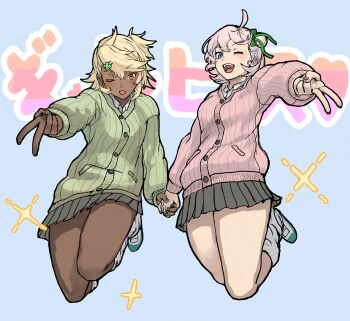  2girls ;d ;p absurdres beefussop12 black_skirt blonde_hair blue_eyes blush brown_eyes cardigan commentary_request dark-skinned_female dark_skin elphelt_valentine full_body green_cardigan green_nails green_ribbon guilty_gear guilty_gear_strive gyaru gyaru_v hair_ornament hair_ribbon hairclip highres holding_hands jumping looking_at_viewer loose_socks miniskirt multiple_girls nail_polish one_eye_closed open_mouth outstretched_arm pink_cardigan pink_hair pink_nails pleated_skirt ramlethal_valentine ribbon shoes short_hair skirt smile socks tongue tongue_out uwabaki v white_socks 