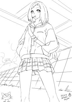  1girl bag cigarette commentary_request dated flcl greyscale lips long_sleeves looking_at_viewer medium_hair monochrome outdoors plaid_clothes plaid_skirt pleated_skirt sailor_collar samejima_mamimi school_uniform shikata_shiyomi shoulder_bag skirt smoking 
