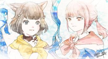  2girls animal_ears blue_eyes brown_choker brown_hair cat_ears choker commentary copyright_name final_fantasy final_fantasy_xiv khloe_aliapoh mandragora_(final_fantasy) miqo'te multiple_girls pink_eyes pink_hair ruka_(blueplus84) short_hair t'kebbe twitter_username 
