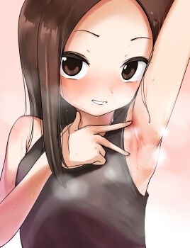  1girl absurdres arm_up armpit_focus armpits black_shirt brown_eyes brown_hair forehead highres karakai_jouzu_no_takagi-san loli long_hair note2000 parted_bangs presenting_armpit seductive_smile shirt simple_background smell smile solo spread_armpit steam sweat takagi-san upper_body 