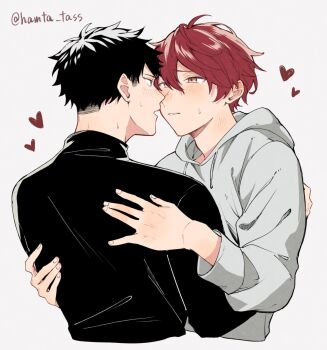  2boys black_hair blush closed_mouth commentary_request cropped_torso eye_contact given grey_background grey_hoodie hamta_tass heart highres hood hoodie hug looking_at_another male_focus multiple_boys open_mouth red_hair satou_mafuyu short_hair simple_background turtleneck twitter_username uenoyama_ritsuka yaoi 