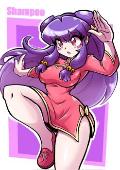  1girl artist_name bell blush bow character_name chinese_clothes commentary double_bun dress hair_bell hair_bow hair_bun hair_ornament highres krausarts long_hair microdress purple_hair ranma_1/2 red_dress shampoo_(ranma_1/2) sidelocks 