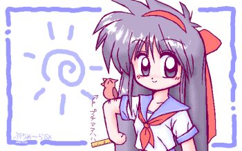  1girl ainu_clothes alternate_costume artist_name breasts dated hair_ribbon japanese_text long_hair looking_at_viewer mamahaha nakoruru pc-98_(style) pc98 ribbon samurai_spirits school_uniform skirt small_breasts smile snk the_king_of_fighters translation_request 