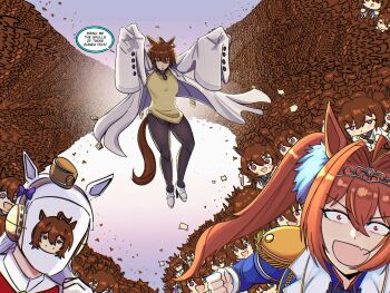  6+girls agnes_tachyon_(tach-nology)_(umamusume) agnes_tachyon_(umamusume) ahoge animal_ears black_necktie black_pantyhose bow breasts brown_hair chemical_structure coat daiwa_scarlet_(peak_blue)_(umamusume) daiwa_scarlet_(umamusume) dress ear_bow earrings english_text epaulettes fang flying gloves gold_ship_(red_strife)_(umamusume) gold_ship_(umamusume) grey_hair hair_between_eyes hair_intakes hat highres horse_ears horse_girl horse_tail invincible_(series) jewelry johnholl0w lab_coat long_hair long_sleeves looking_at_viewer mask medium_hair multiple_girls necktie open_mouth pantyhose pillbox_hat red_dress red_eyes shirt short_necktie single_earring skin_fang sleeves_past_fingers sleeves_past_wrists smile speech_bubble sweater sweater_vest tail tiara twintails umamusume very_long_hair white_coat white_gloves yellow_sweater yellow_sweater_vest 