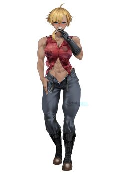  abs absurdres belt black_belt black_boots blue_eyes blush boots breasts cigarette cleavage commission exposed_muscle highres holding holding_cigarette loose_belt muscular muscular_female navel open_clothes open_fly original ponytail prosthesis prosthetic_arm scar scar_on_face sebakanken shirt short_hair sleeveless smile smoking stomach_tattoo tan tattoo thumb_in_pocket torn_clothes torn_shirt 