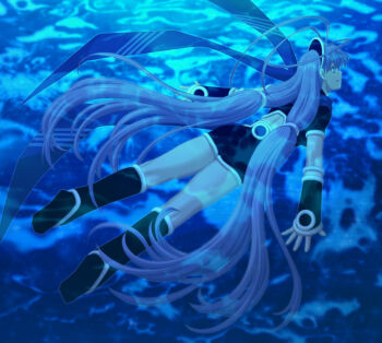  1girl back blue_eyes blue_hair boots female_focus fingerless_gloves gloves hairband midriff solo underwater uruido water  rating:Sensitive score:0 user:PearFinch
