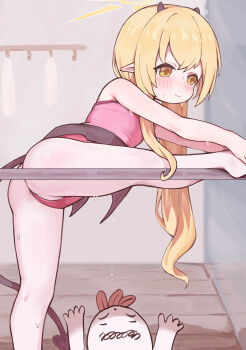  1boy 1girl absurdres ass athletic_leotard ballerina ballet barre black_wings blonde_hair blue_archive blush contortion demon_girl demon_horns demon_tail demon_wings doodle_sensei_(blue_archive) feet flat_chest flexible halo highres horns ibuki_(blue_archive) ika9 indoors leaning_forward legs_apart leotard loli long_hair no_shoes pantyhose pink_leotard pointy_ears sensei_(blue_archive) side_ponytail smile split sweat tail thighs tongue tongue_out white_pantyhose wings wooden_floor yellow_eyes yellow_halo 