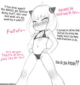  anya_(spy_x_family) bandaid bandaid_on_knee bandaid_on_leg bikini blush closed_mouth cone_hair_bun english_text feet_out_of_frame flat_chest gluteal_fold hair_bun hands_on_own_hips highres legs_apart loli looking_at_viewer maniacbox micro_bikini monochrome navel nipple_slip nipples nose_blush short_hair smile spy_x_family swimsuit thighs unfinished 