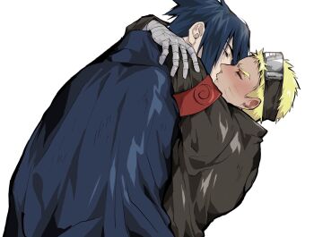  2boys armband arms_around_neck bandaged_hand bandages black_headband black_jacket blonde_hair blue_hair blue_jacket blush closed_eyes dal_chan facial_mark furrowed_brow hair_over_one_eye headband highres jacket kiss konohagakure_symbol male_focus multiple_boys naruto_(series) pale_skin red_armband short_hair uchiha_sasuke upper_body uzumaki_naruto whisker_markings white_background yaoi 